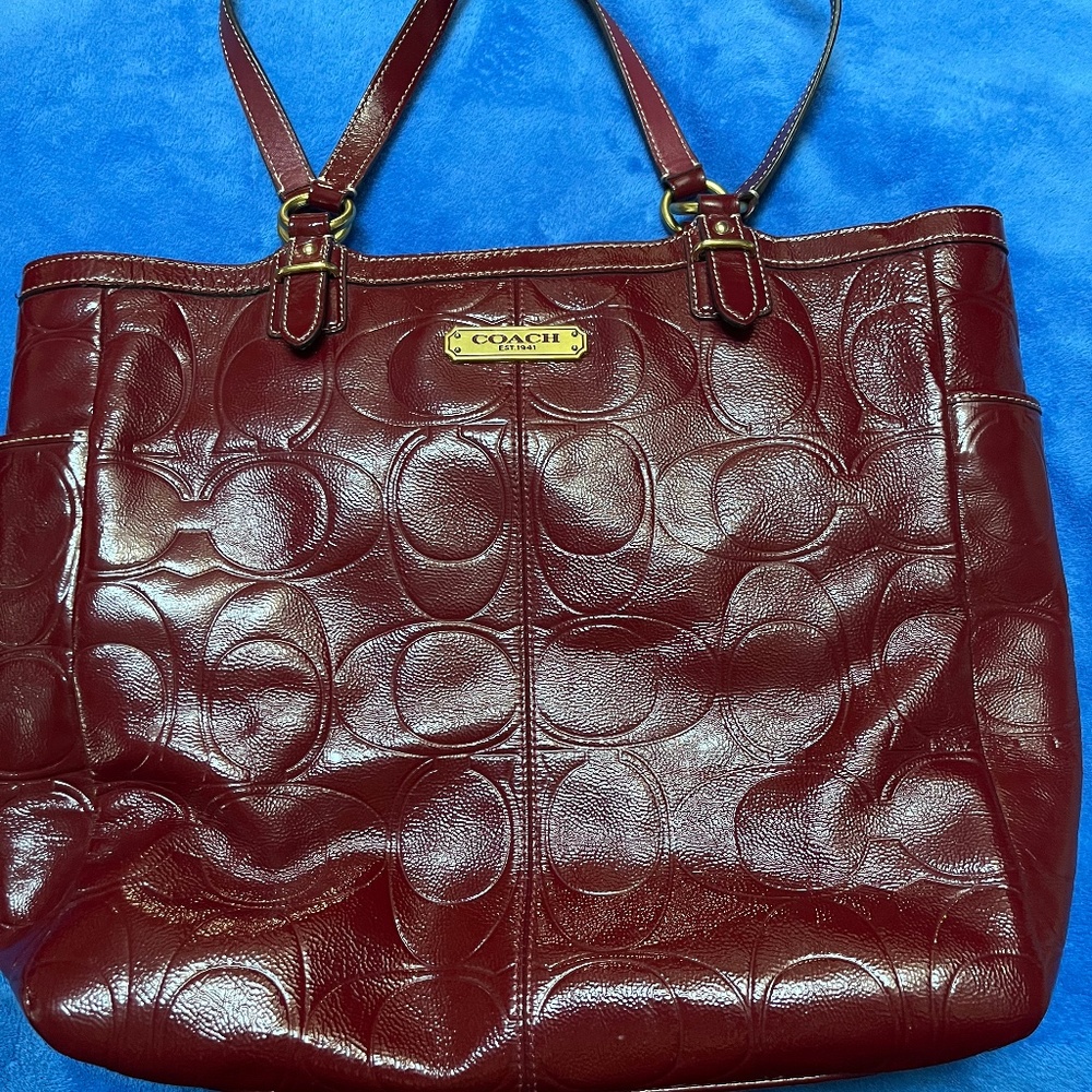 Coach Signature Embossed Gallery Burgundy Patent Leather Tote
